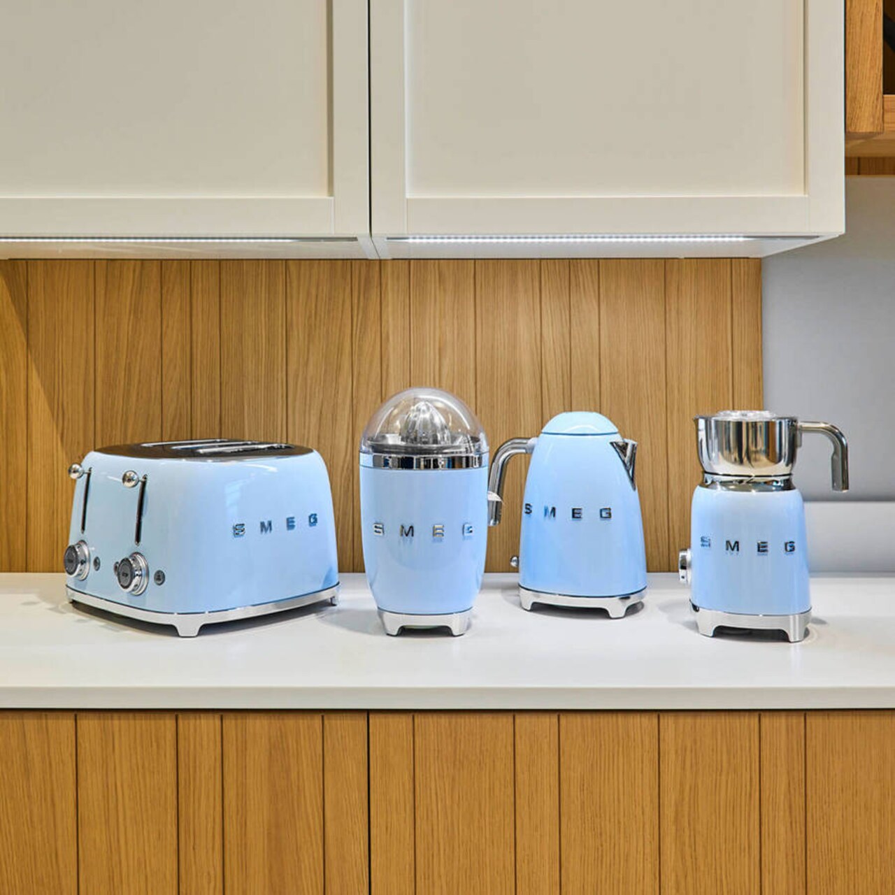 Retro Kettle in pastel blue, cream, red, black & white