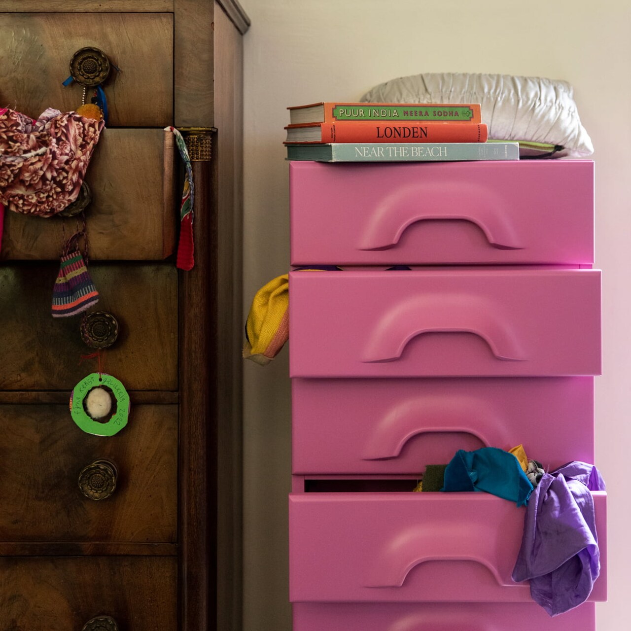 Commode in pink, orange & brown